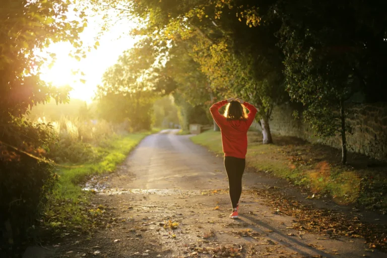 A woman in a red top walking along a tree-lined country path in warm sunlight, seen from behind
